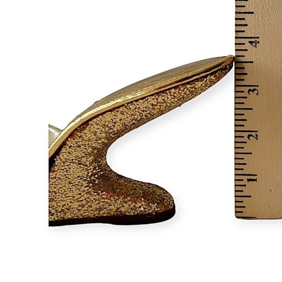 Vintage 1950s Gold Boomerang Wedge Mules– Sculptural Heel, Metallic Leather 8.5N - Picture 10 of 14
